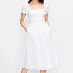 Loft White Puff Sleeve Midi Dress with Pockets